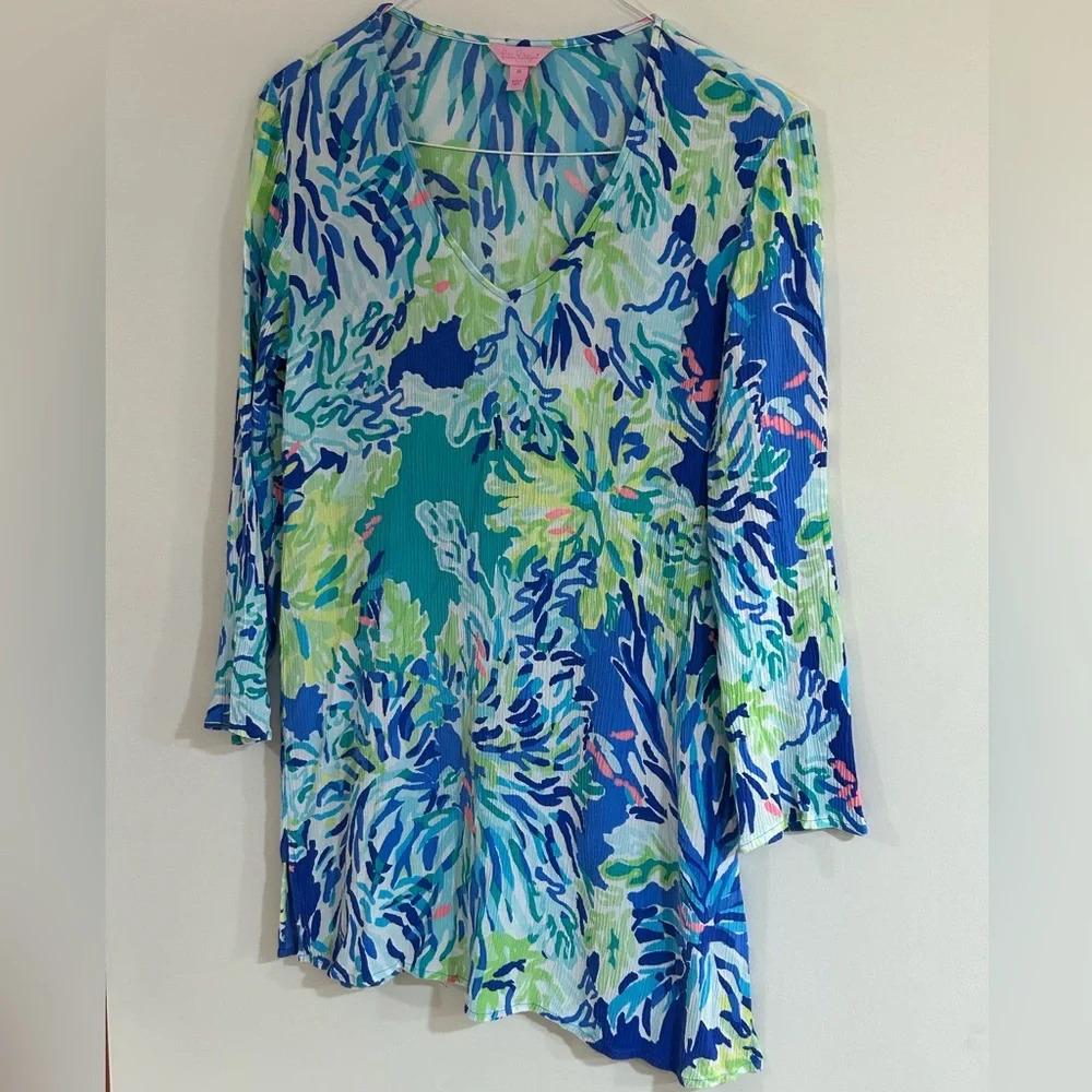 Lilly Pulitzer Sz M Lantana Tunic Top Wade & Sea Crinkle Gauze V-Neck Coverup - Picture 7 of 10